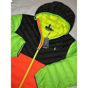Polo Ralph Lauren Performance Hooded Puffer Jacket Mens XL Neon Colorblock NWT